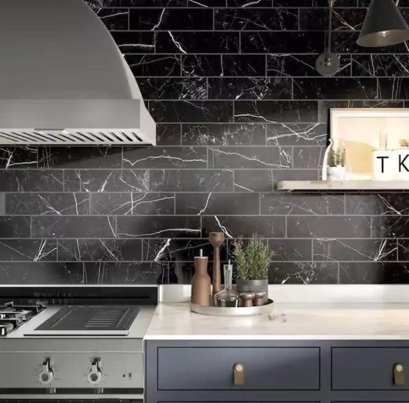 Open Box Corso italia Impero Black 3 in. x 12 in. Marble Look Porcelain Floor and Wall Tile (3.39 sq. ft. /Case) by Selzalot