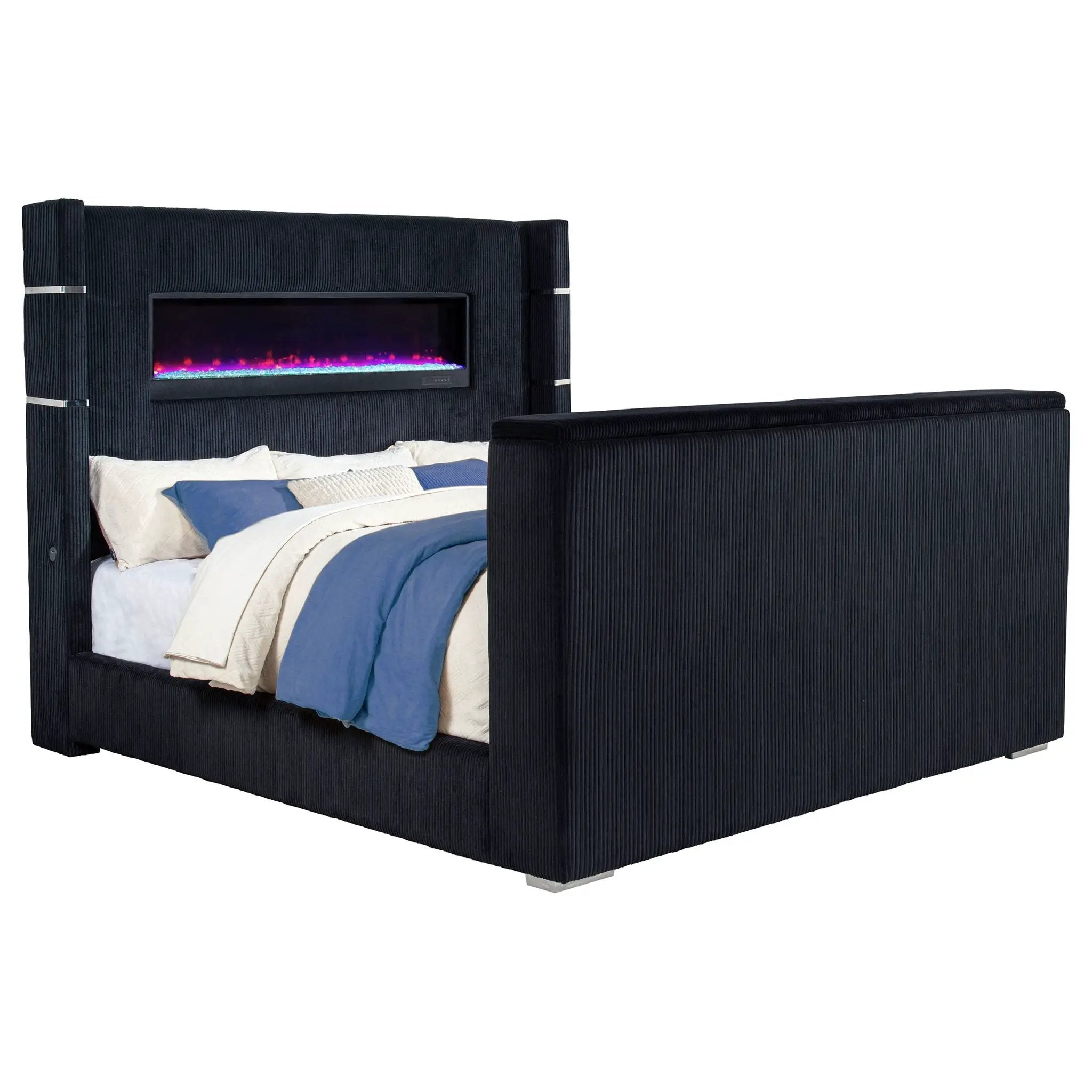 Tisdall Eastern King Flame Visualizer Wingback TV Bed Black by Unique Piece Furniture