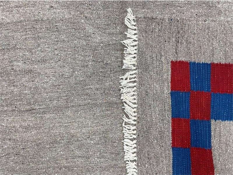 Gray Turkish Kilim Carpet 5' 7" x 7' 7", Medium Kilim Rug, Hand-Knotted, Blue & Red Border, Minimalistic Design, Geometric, Wool, New by Jewel Rugs
