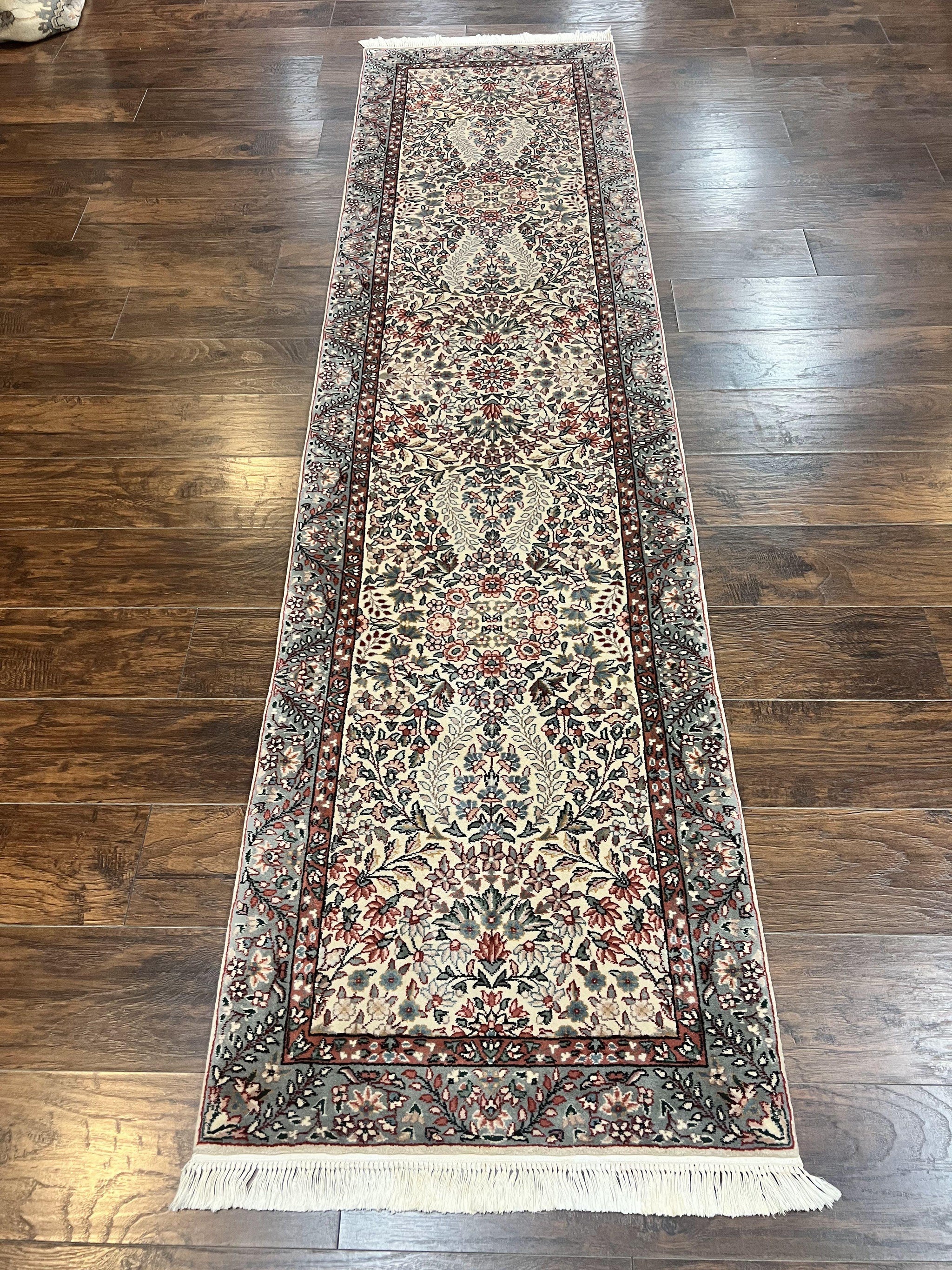 Sino Persian Runner Rug 2.7 x 10, Floral Kirman Lavar Carpet for Hallway, Cream, Handmade Wool Vintage Rug by Jewel Rugs