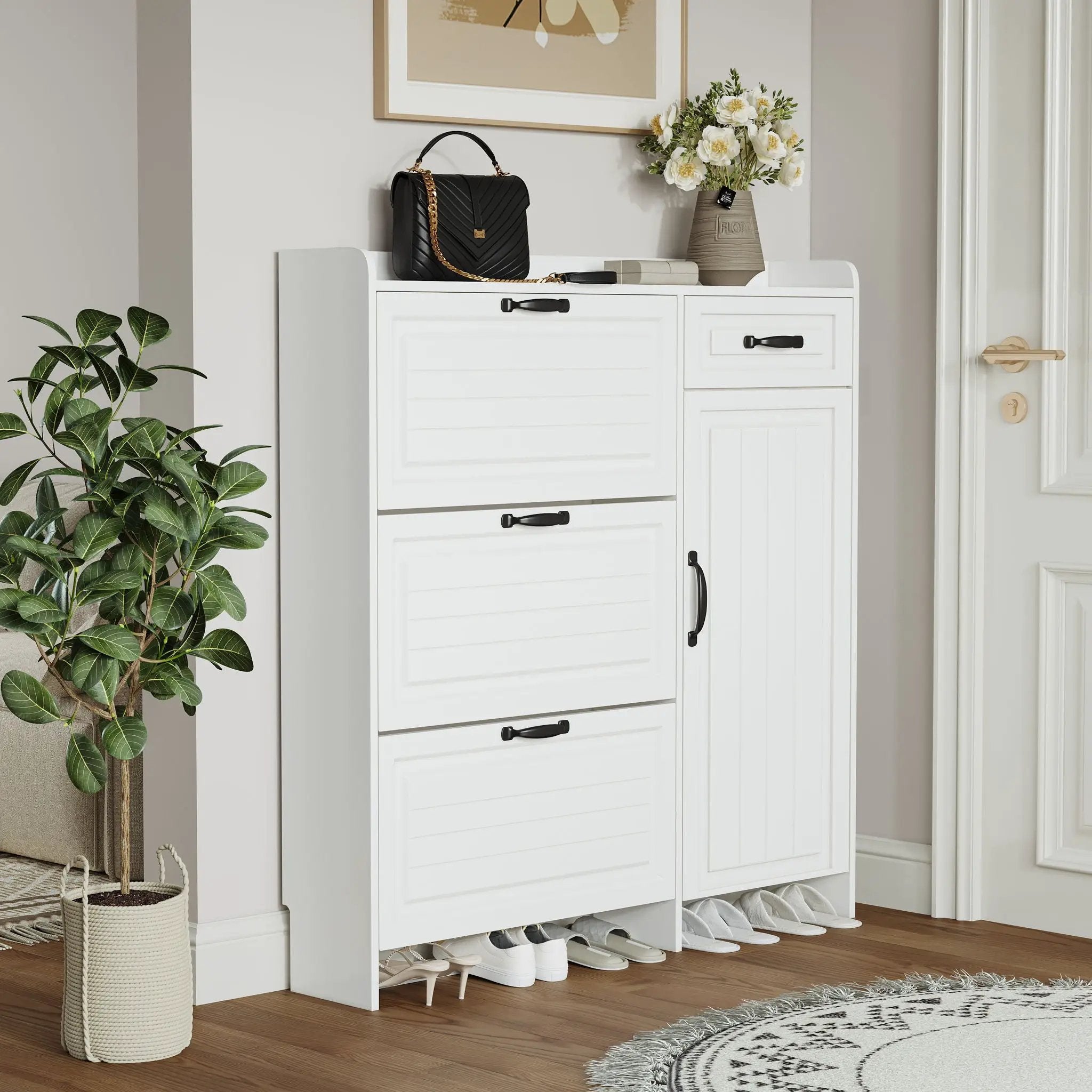 Shoe Cabinet With 4 Doors 1 Drawers, PVC Door With Shape, Large Space For Storage - White by Unique Piece Furniture
