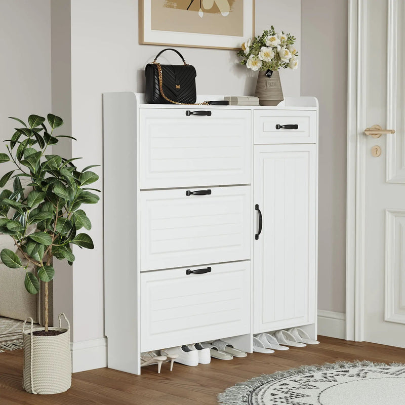 Shoe Cabinet With 4 Doors 1 Drawers, PVC Door With Shape, Large Space For Storage - White by Unique Piece Furniture