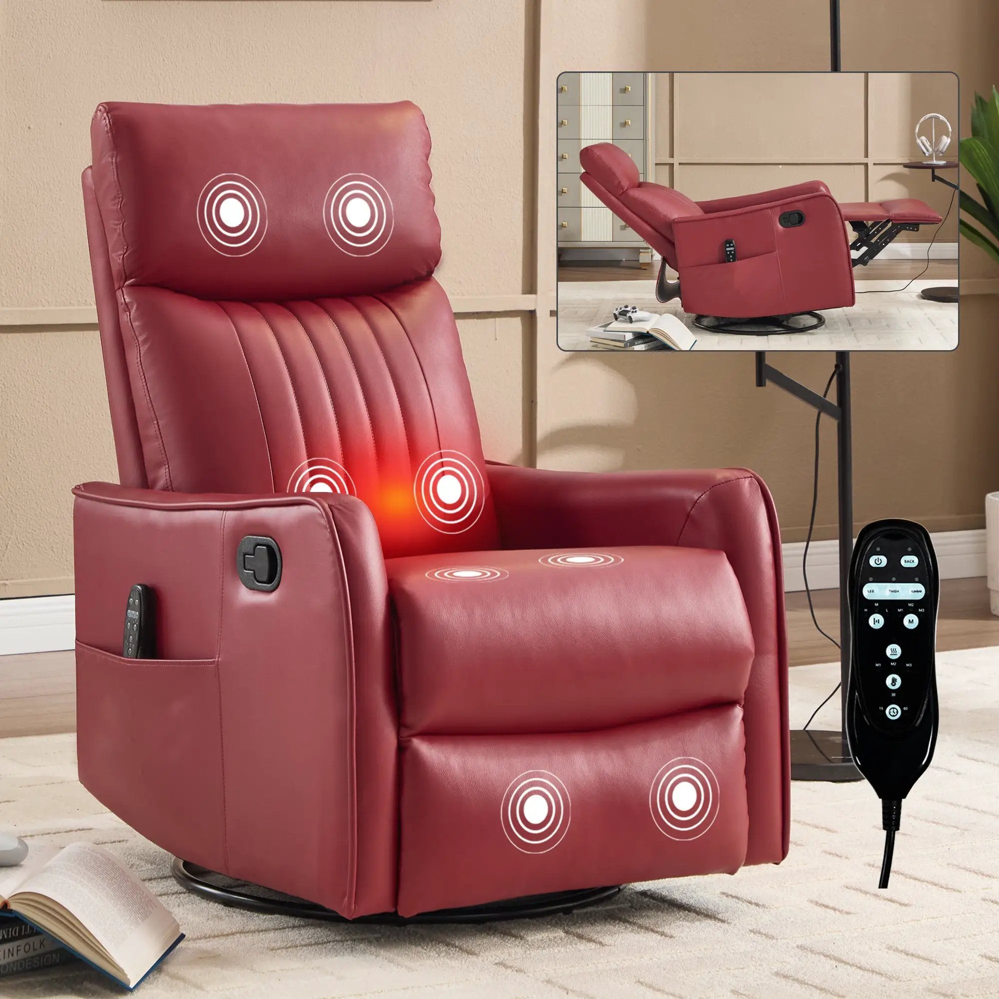 Red Faux Leather Heat Massage Manual Recliner Chair with Rocker and Swivel by HouseOfZazla