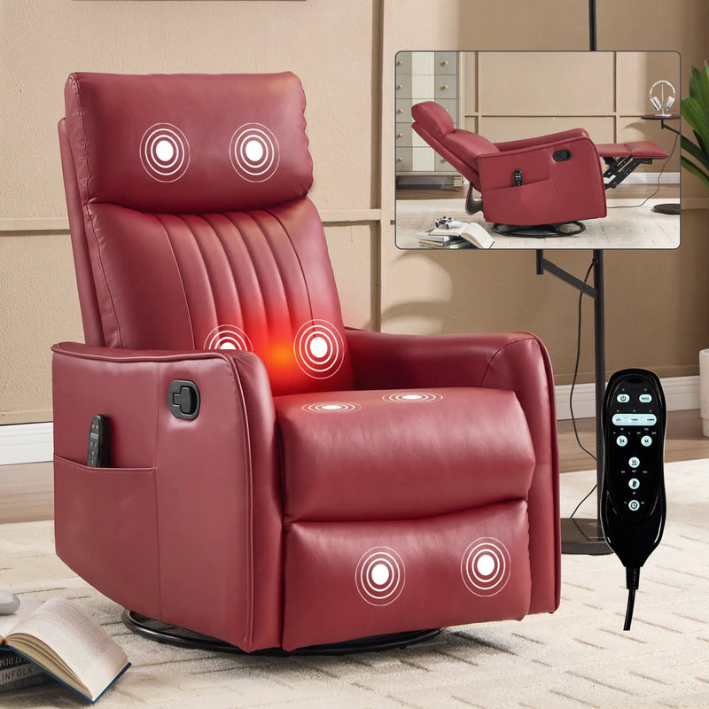 Red Faux Leather Heat Massage Manual Recliner Chair with Rocker and Swivel by HouseOfZazla