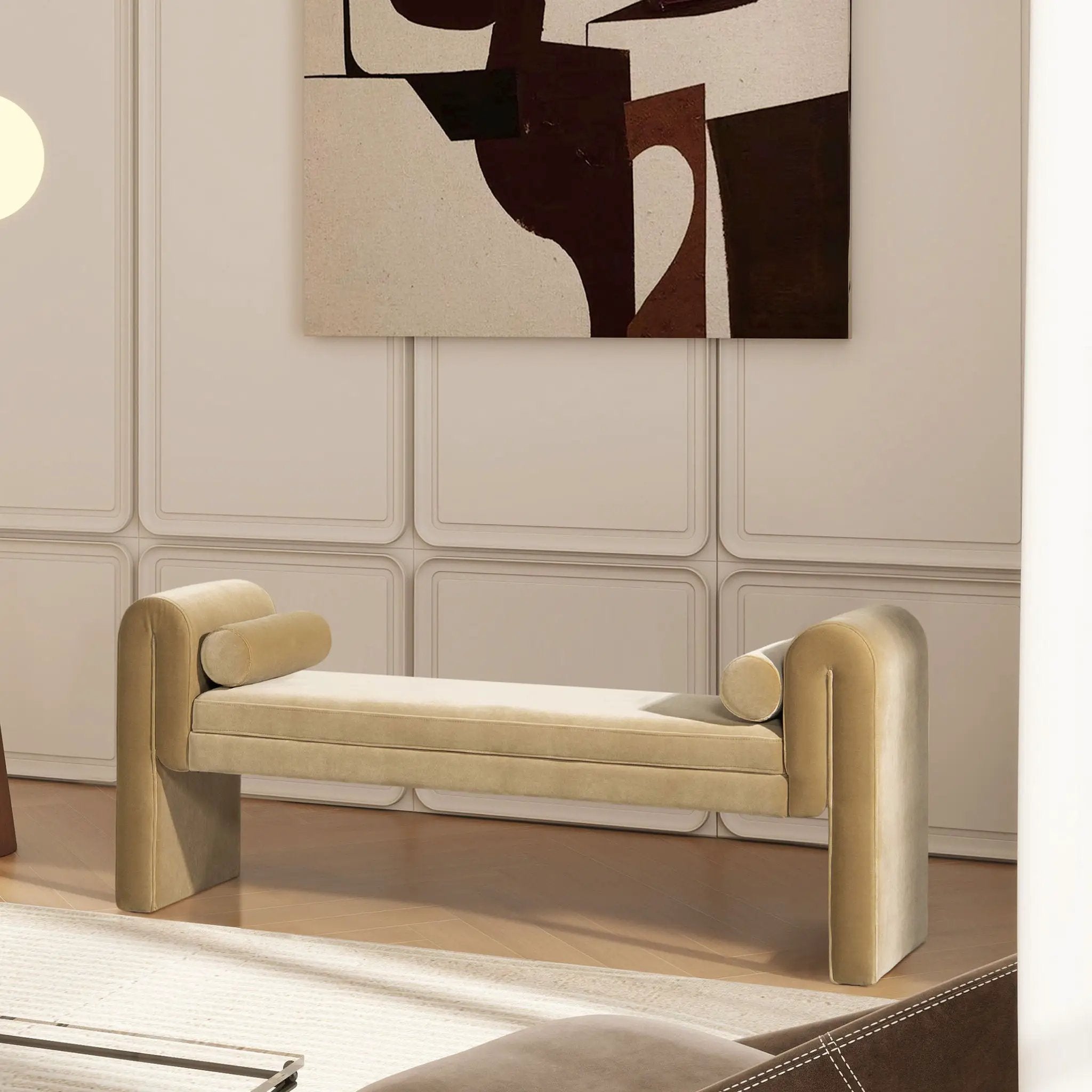 Mason - Arched Arm Bench With Bolster Pillows - Camel Brown Beige by Unique Piece Furniture