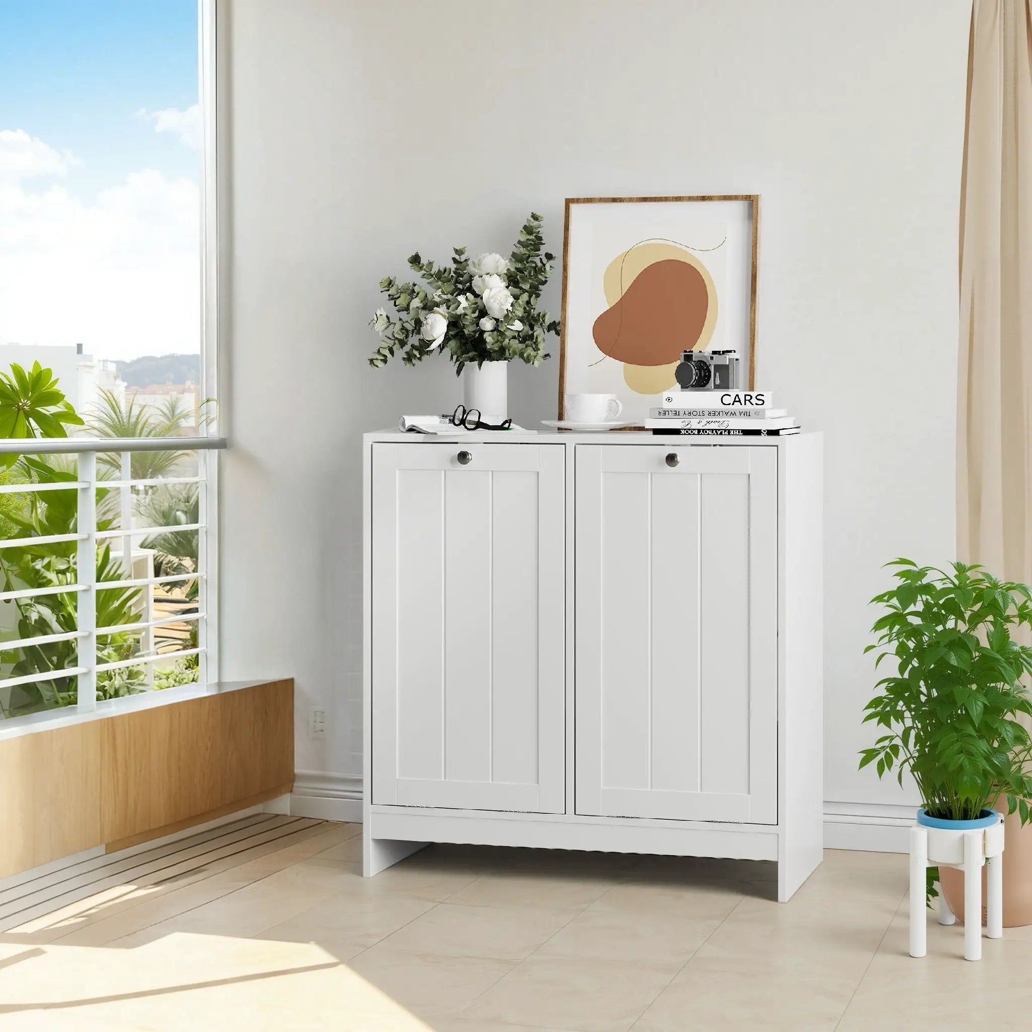Tilted Laundry Hamper With Removable Basket, Hidden Storage Cabinet, Home Organizer For Bathroom - White by HouseOfZazla