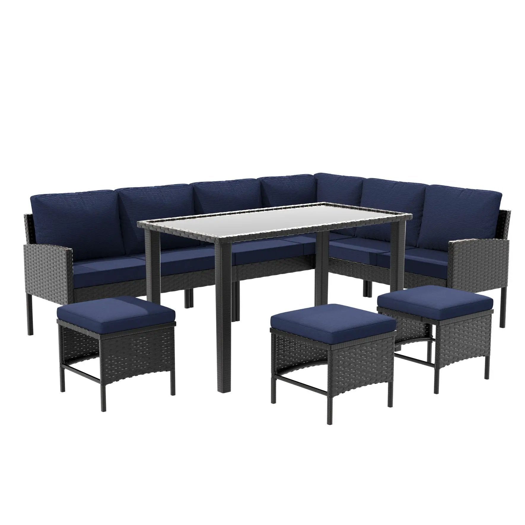 7 Piece Outdoor Furniture Set With Waterproof Cushions, Glass Table, And Space Saving Design - Blue by HouseOfZazla