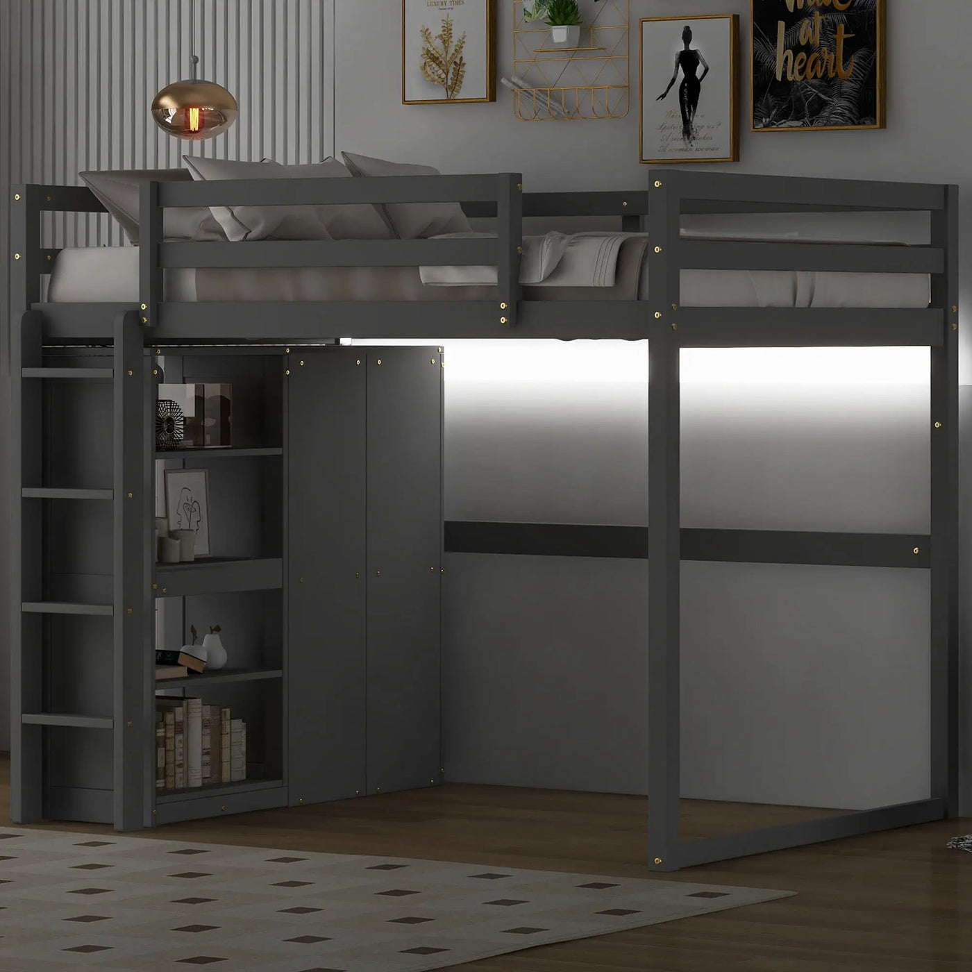 Loft Bed With Built In Wardrobe, Storage Shelves, And LED Light by HouseOfZazla