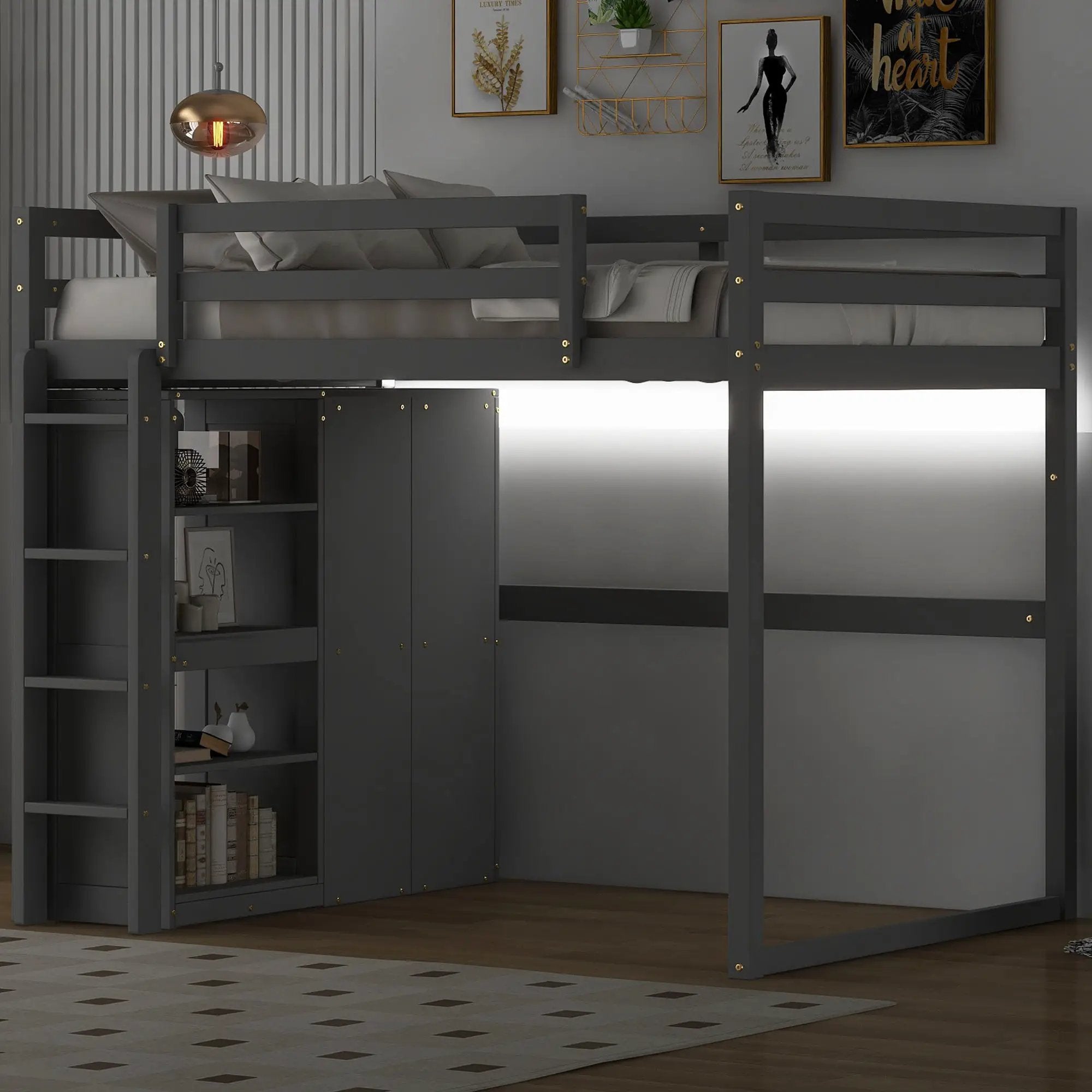 Loft Bed With Built In Wardrobe, Storage Shelves, And LED Light by HouseOfZazla