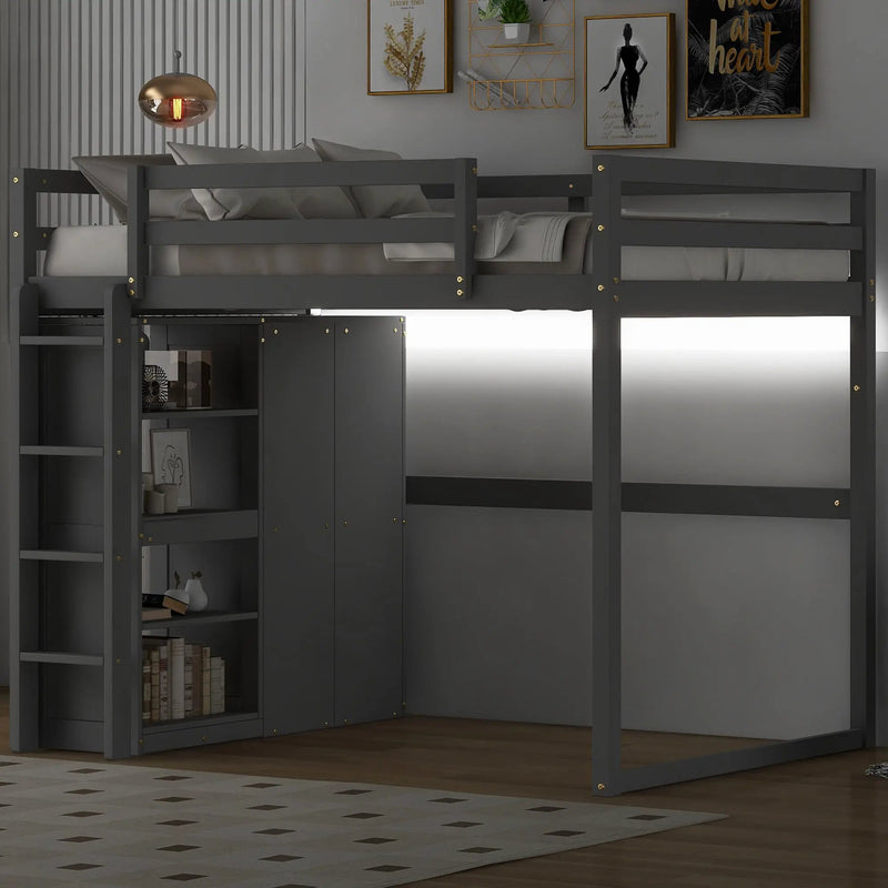 Loft Bed With Built In Wardrobe, Storage Shelves, And LED Light by HouseOfZazla