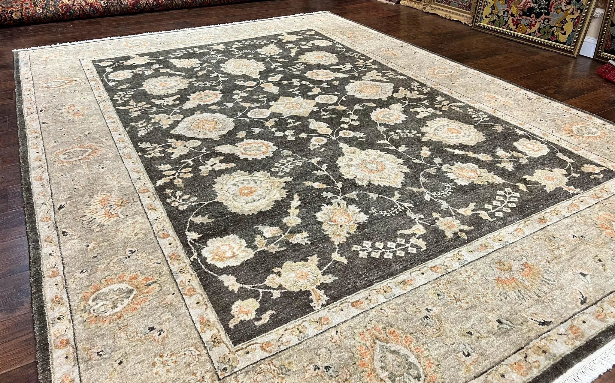 Indo Persian Rug 9x12, Sultanabad Indian Carpet, Dark Brown, Hand Knotted Vintage Wool Rug by Jewel Rugs