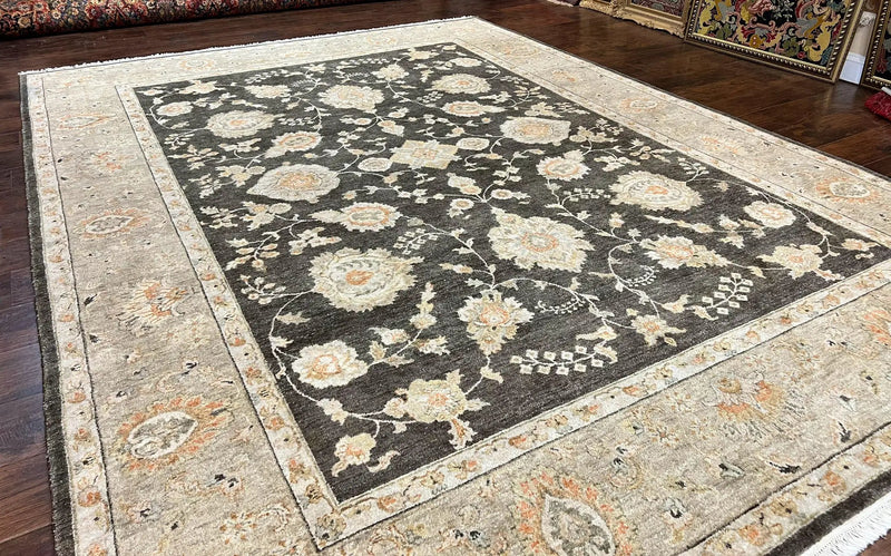 Indo Persian Rug 9x12, Sultanabad Indian Carpet, Dark Brown, Hand Knotted Vintage Wool Rug by Jewel Rugs