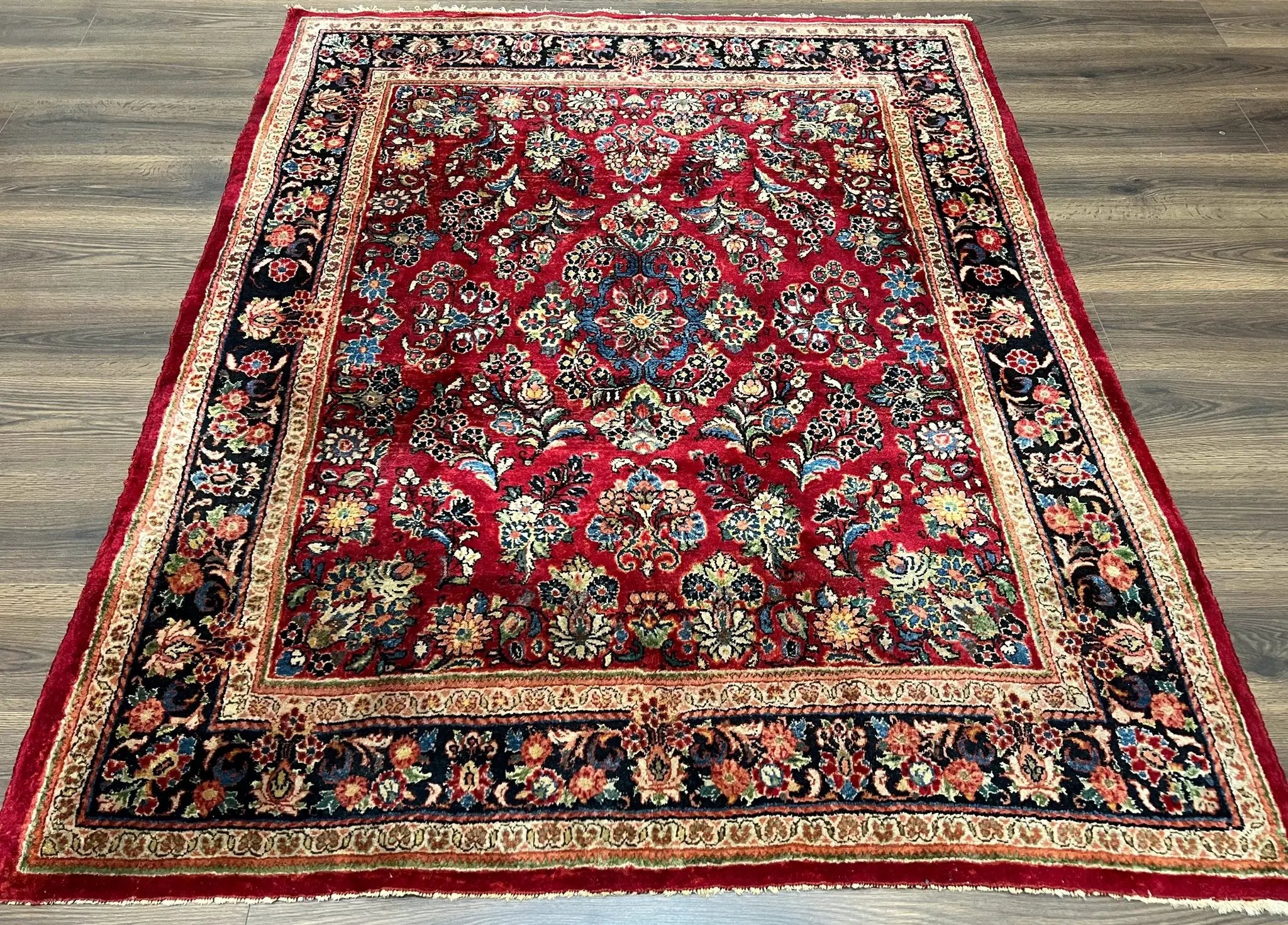Persian Sarouk Rug 5x6, Hand Knotted Antique 1920s Sarouk, Red Navy Blue by Jewel Rugs