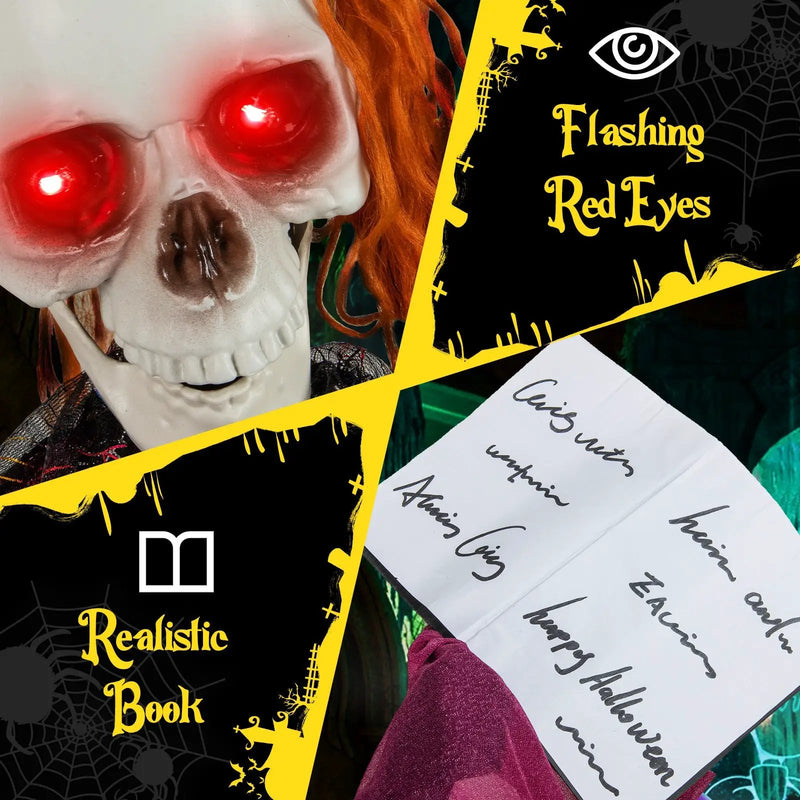 6 Feet Halloween Animatronic Standing Girl Holding Book with Sound-Activated Light-up Eyes and Moving Arms & Head by DirectDeals