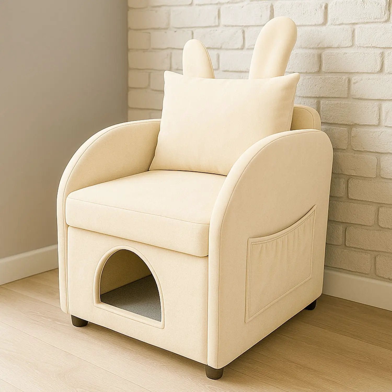 Bunny Ear Pet Friendly Armchair With Hidden Pet House With Storage Pocket For Bedroom & Living Room - Beige by Unique Piece Furniture