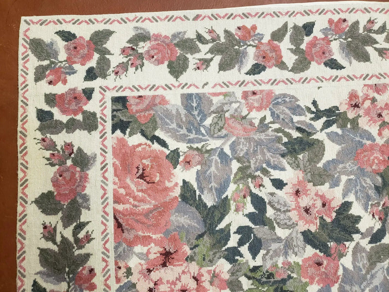 5x8 Needlepoint Rug 5' 4" x 8' 3" Wool Flat Weave Floral New Unused Carpet English Design Ivory Large Pink Flowers Green Leaves Hand-Knotted by Jewel Rugs