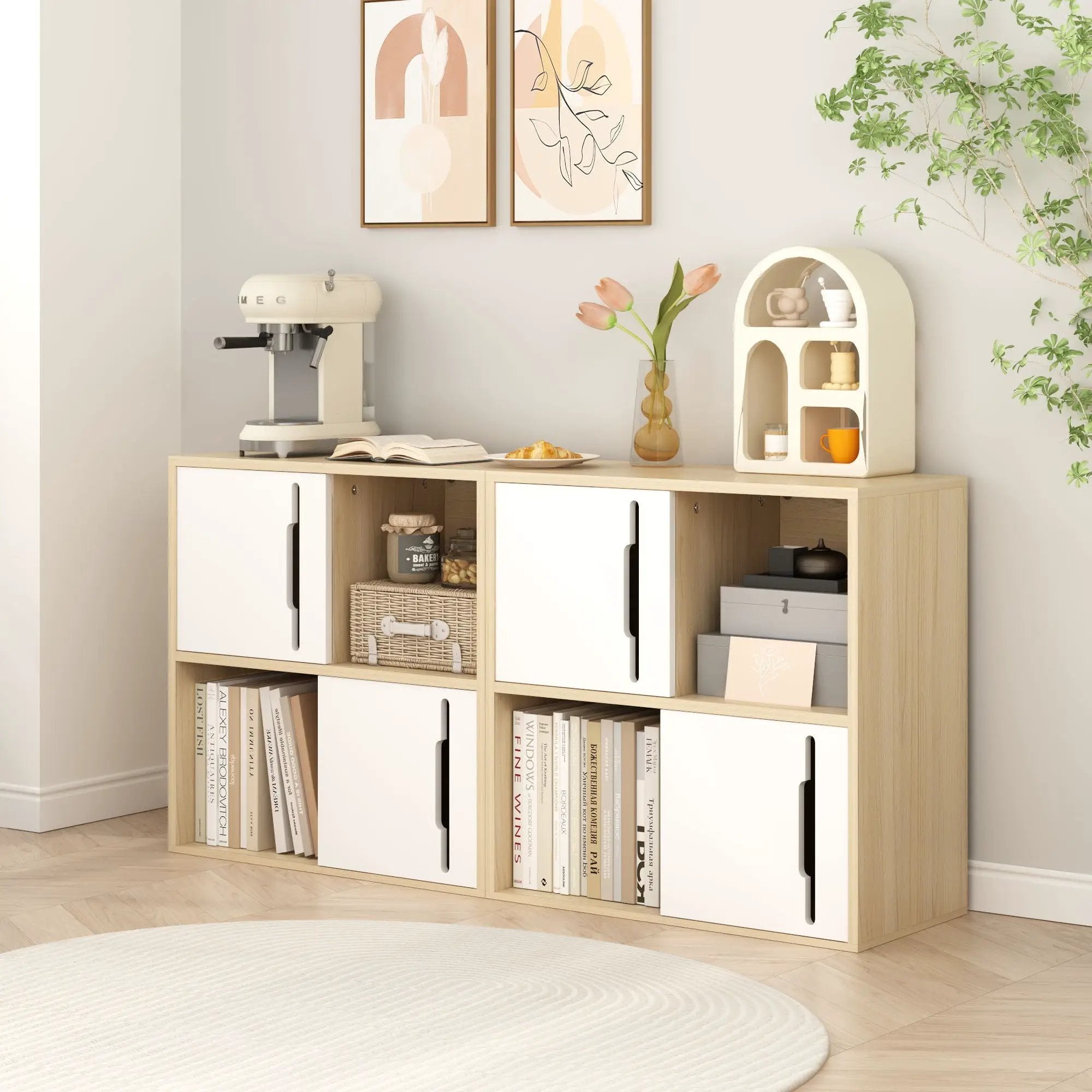 Storage Cabinet With Sliding Doors, 2 Tier Open And Closed Shelves Organizer - Natural / White by Unique Piece Furniture