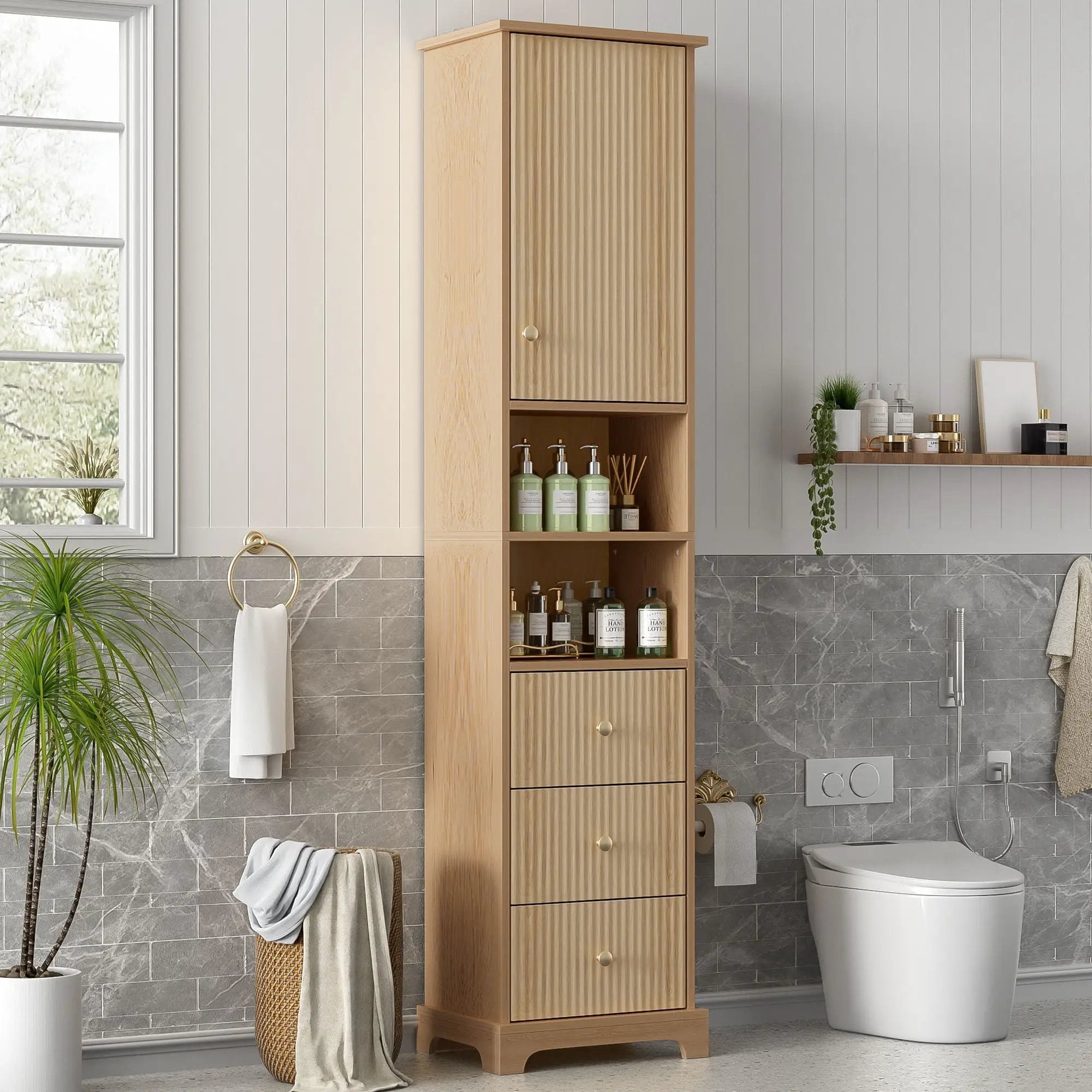 Tall Bathroom Cabinet With 1 Door, 3 Drawers, Open Storage - Wood by Unique Piece Furniture