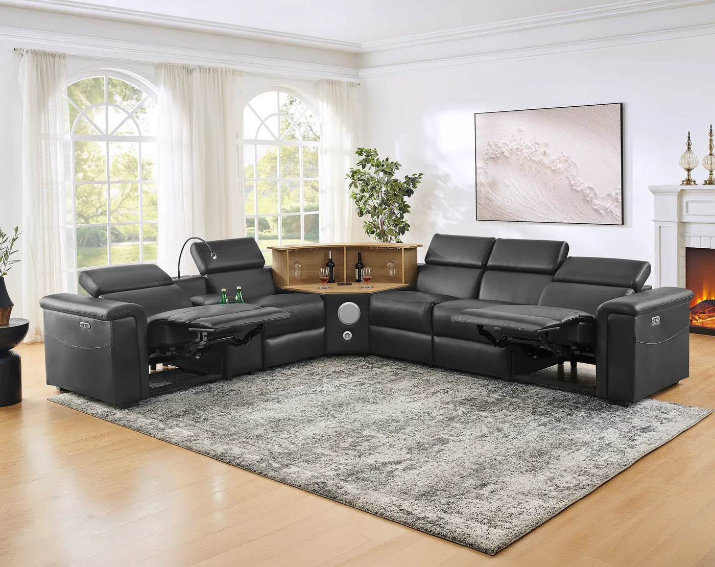 5-Seater Air Leather L-Shaped Powered Recliner Sofa Set with Motorized Lift Cabinet by HouseOfZazla