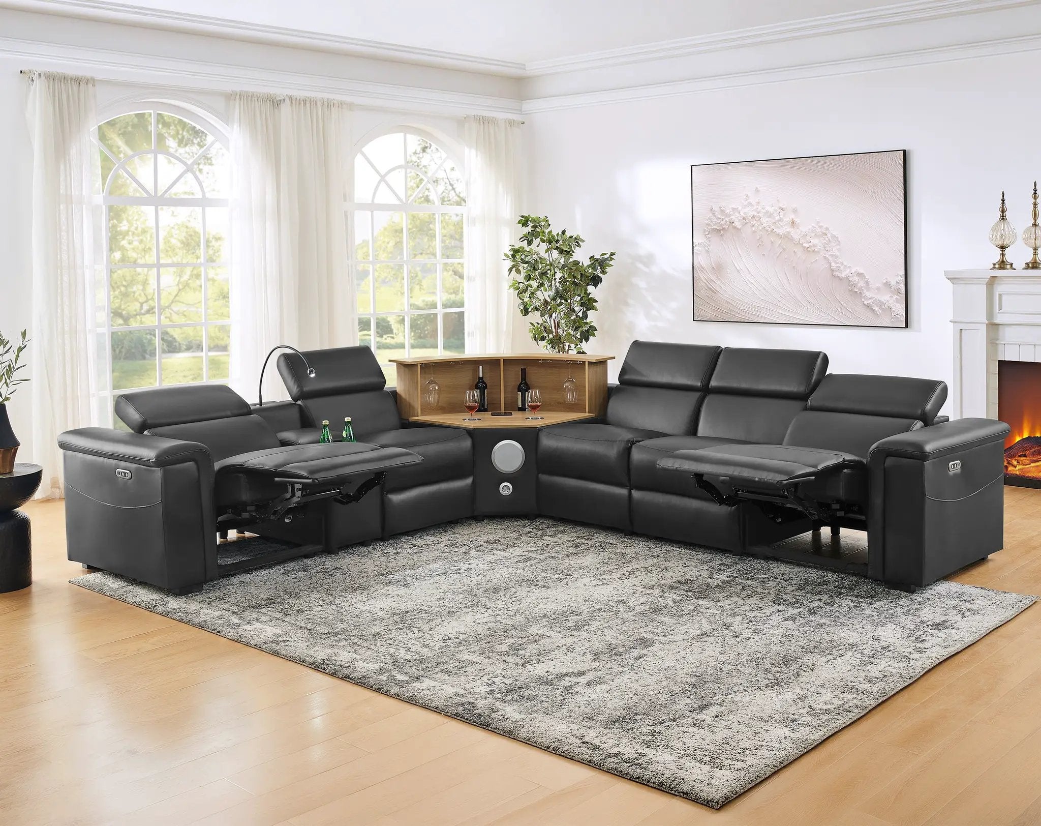 5-Seater Air Leather L-Shaped Powered Recliner Sofa Set with Motorized Lift Cabinet by HouseOfZazla