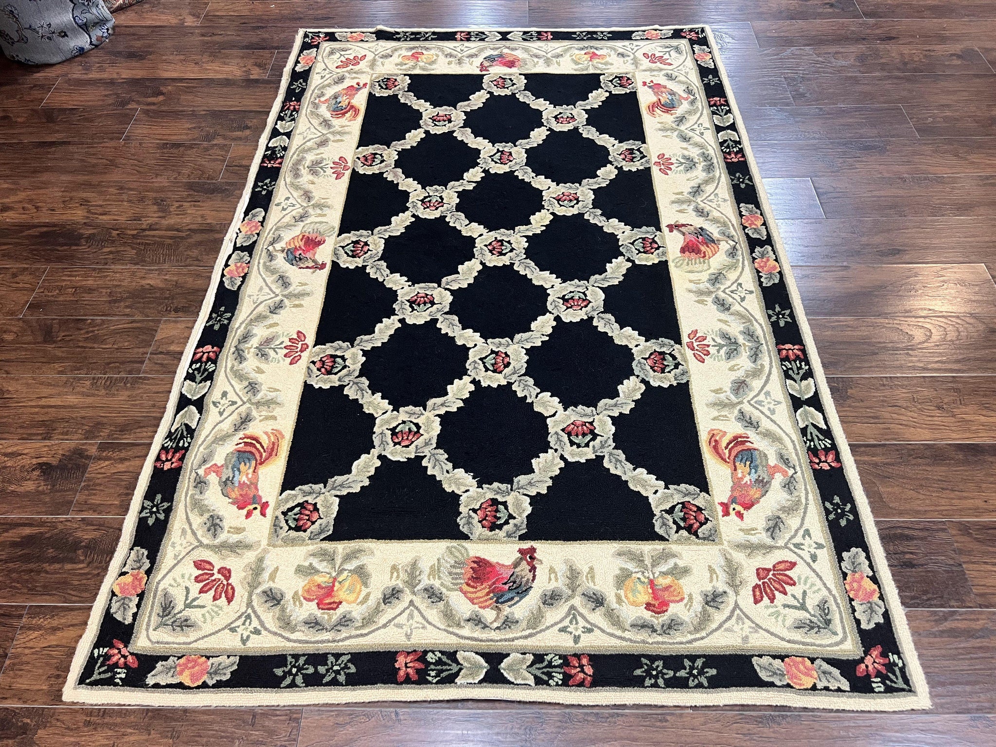 Hooked Rug 5x8, European Aubusson Pattern, Black and Ivory, Roses & Roosters, Vintage Wool Rug by Jewel Rugs