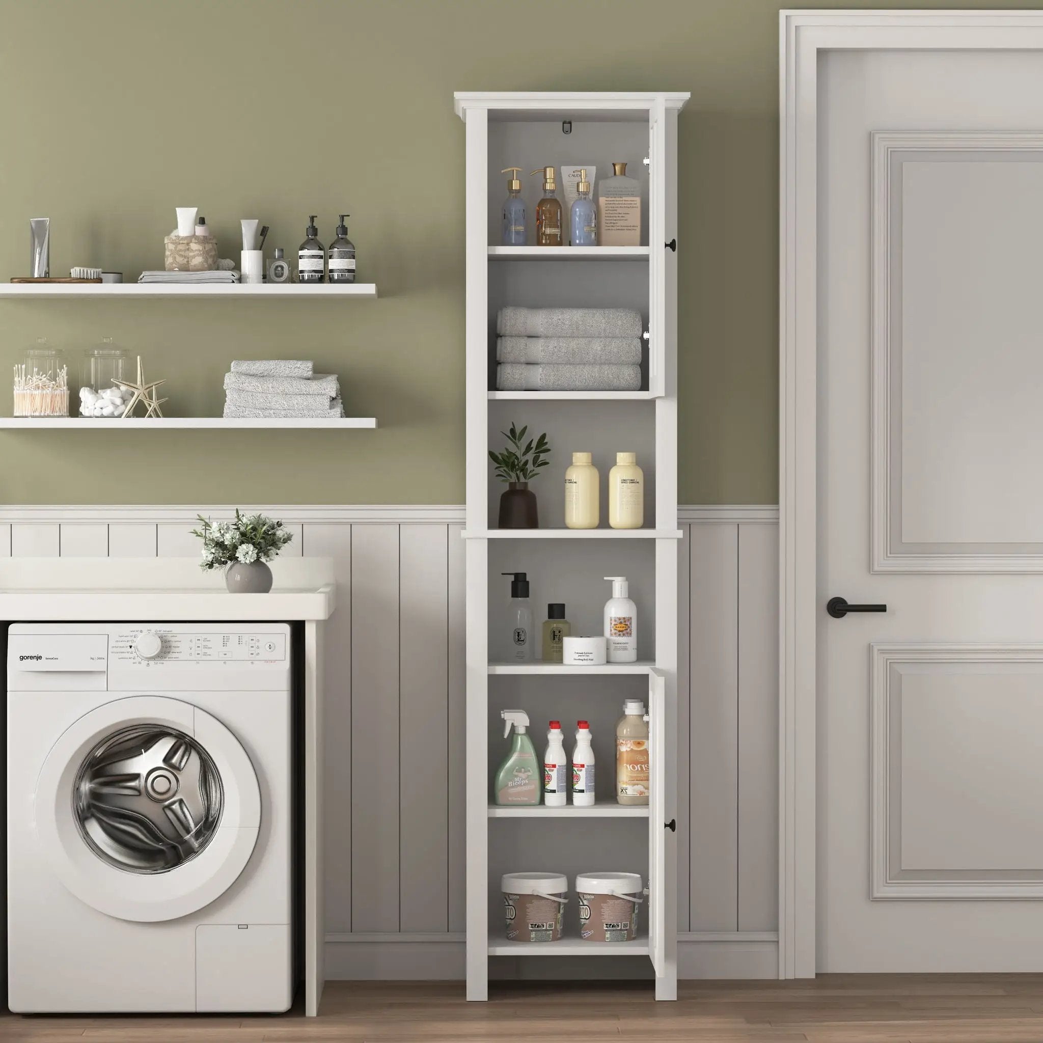 Wooden Bathroom Floor Storage Cabinet With 2 Doors And 6 Shelves - White by HouseOfZazla