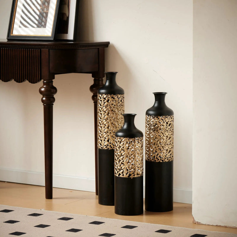 Floor Metal Vases Decorated Metal Vases (Set of 3) Gorgeous Home Decoration Large Glazed Metal Vases - Black / Gold by Unique Piece Furniture