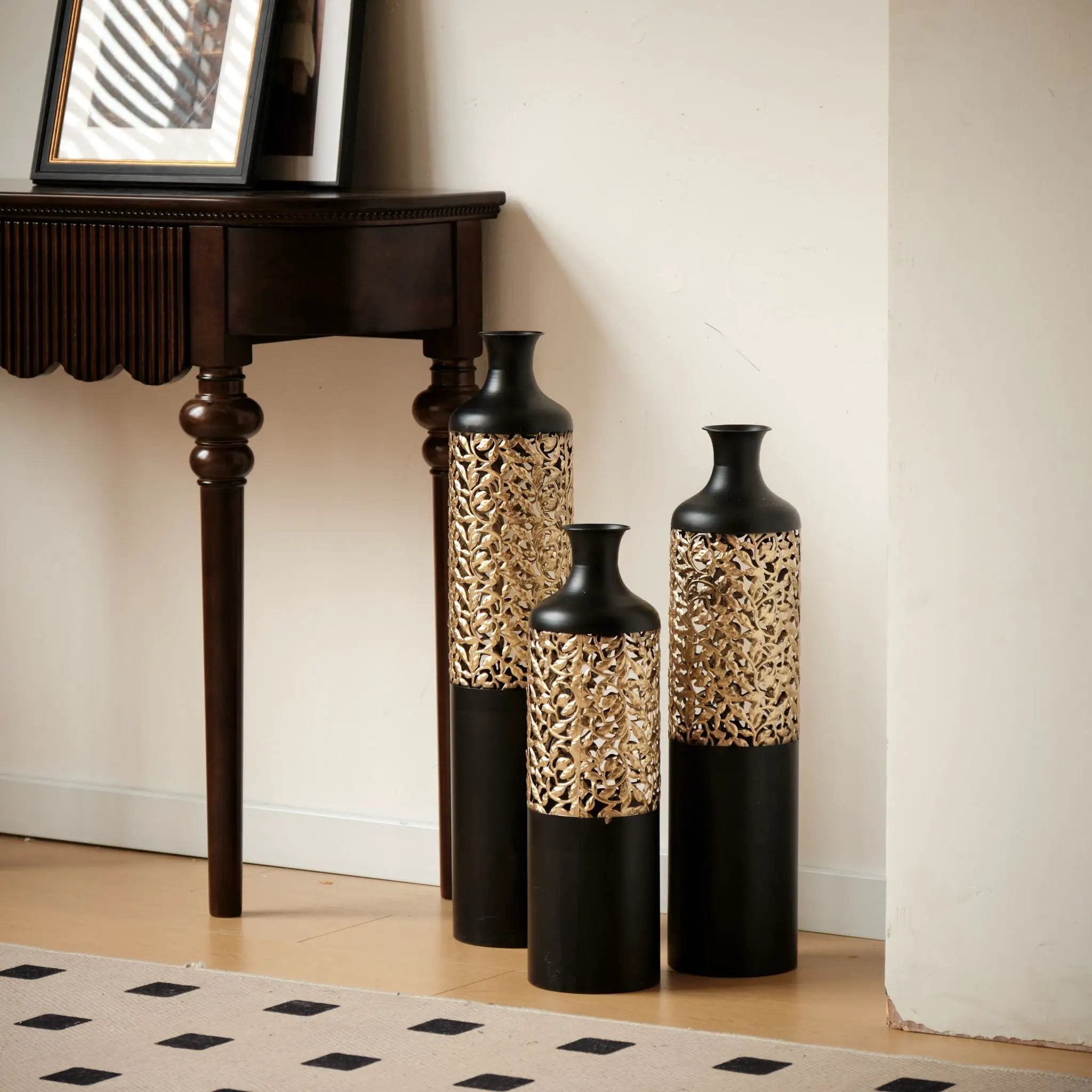 Floor Metal Vases Decorated Metal Vases (Set of 3) Gorgeous Home Decoration Large Glazed Metal Vases - Black / Gold by HouseOfZazla