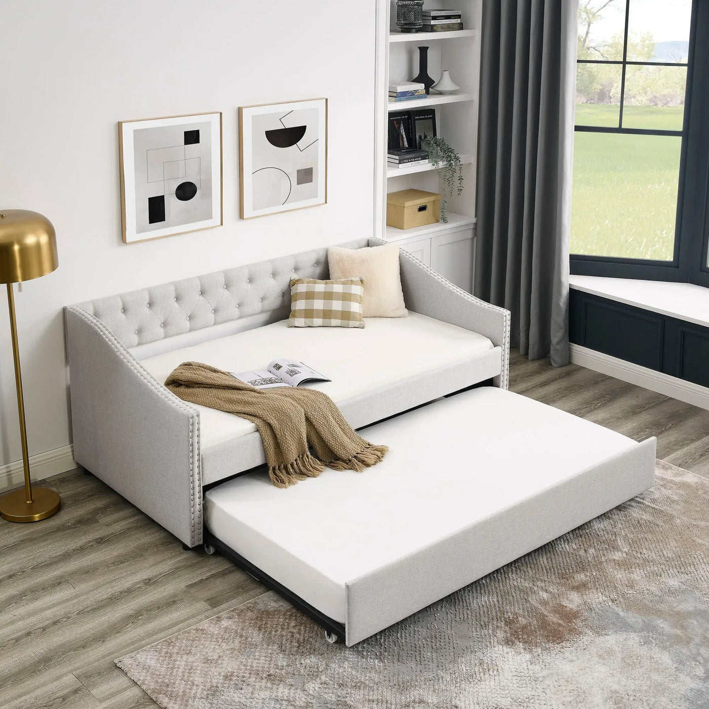 Upholstered Tufted Daybed With Drawers, Waved Arms by Unique Piece Furniture