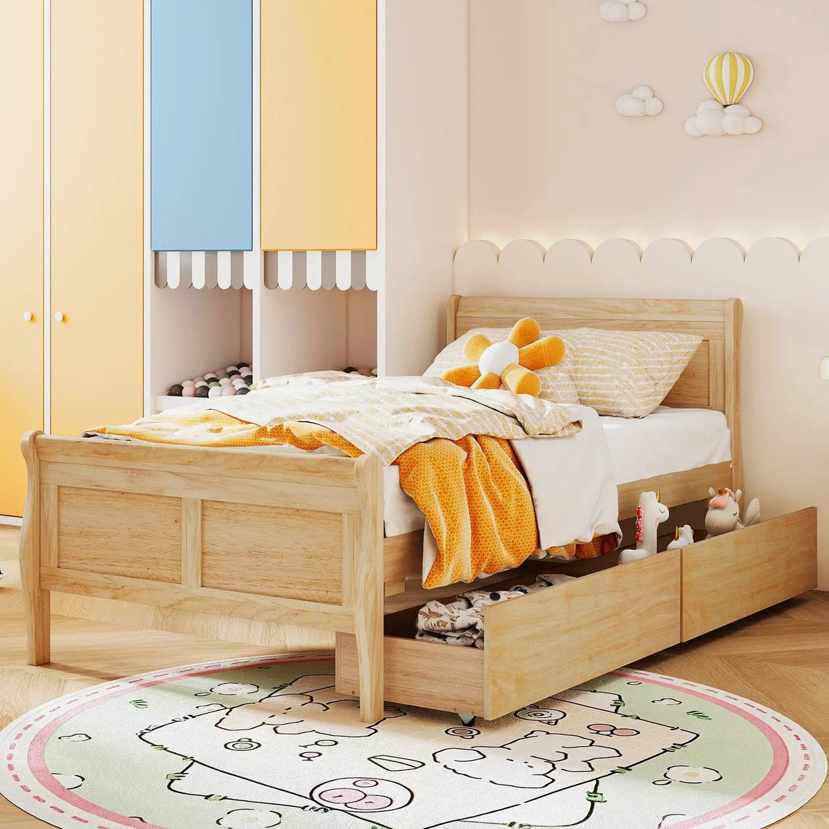 Twin Size Sleigh Bed with 2 Storage Drawers Wood Platform Bed Frame, photo 18 of 24