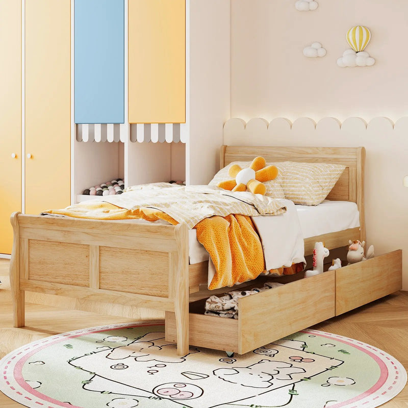 Twin Size Sleigh Bed with 2 Storage Drawers Wood Platform Bed Frame by DirectDeals