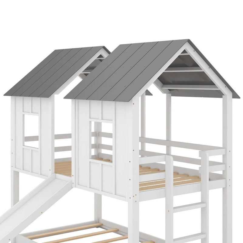 Twin Over Twin House Bunk Bed With Slide And Windows - White / Gray by HouseOfZazla