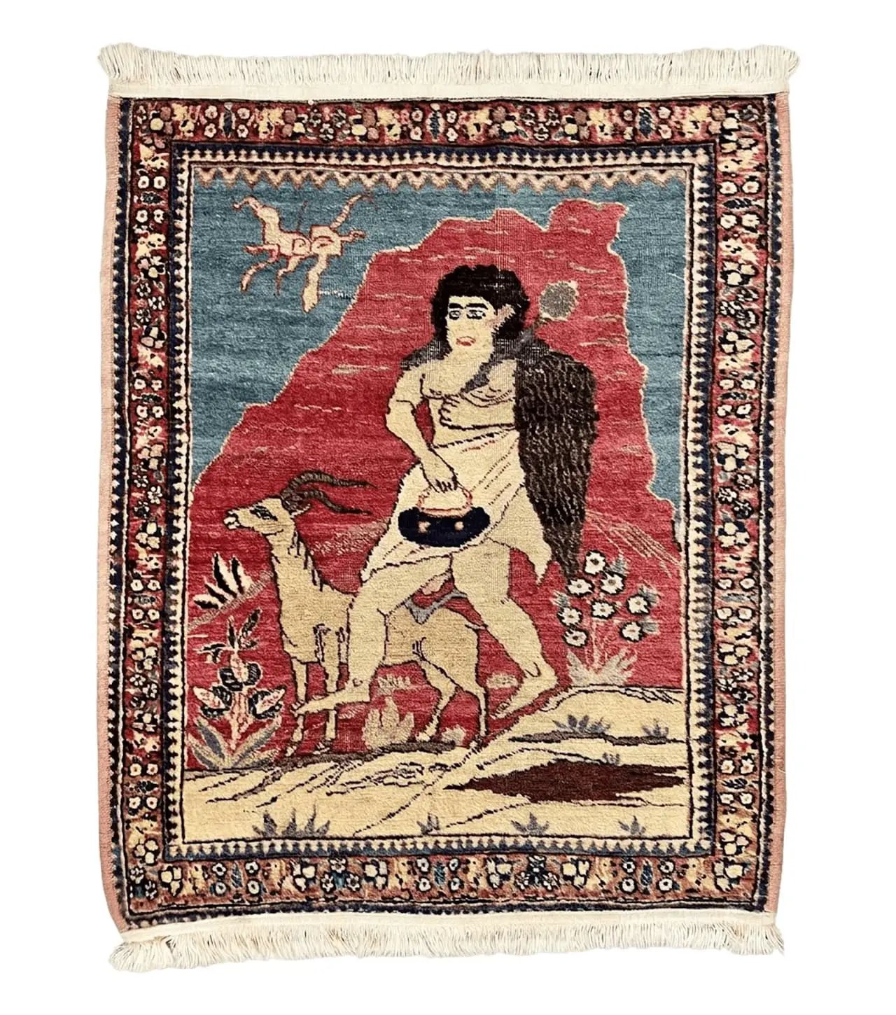 Antique Persian Kirman Rug 2 x 2.5, Small Hand Knotted Wool Carpet, Lavar Rug, Shepherd with Ram Pictorial Rug #1 by Jewel Rugs