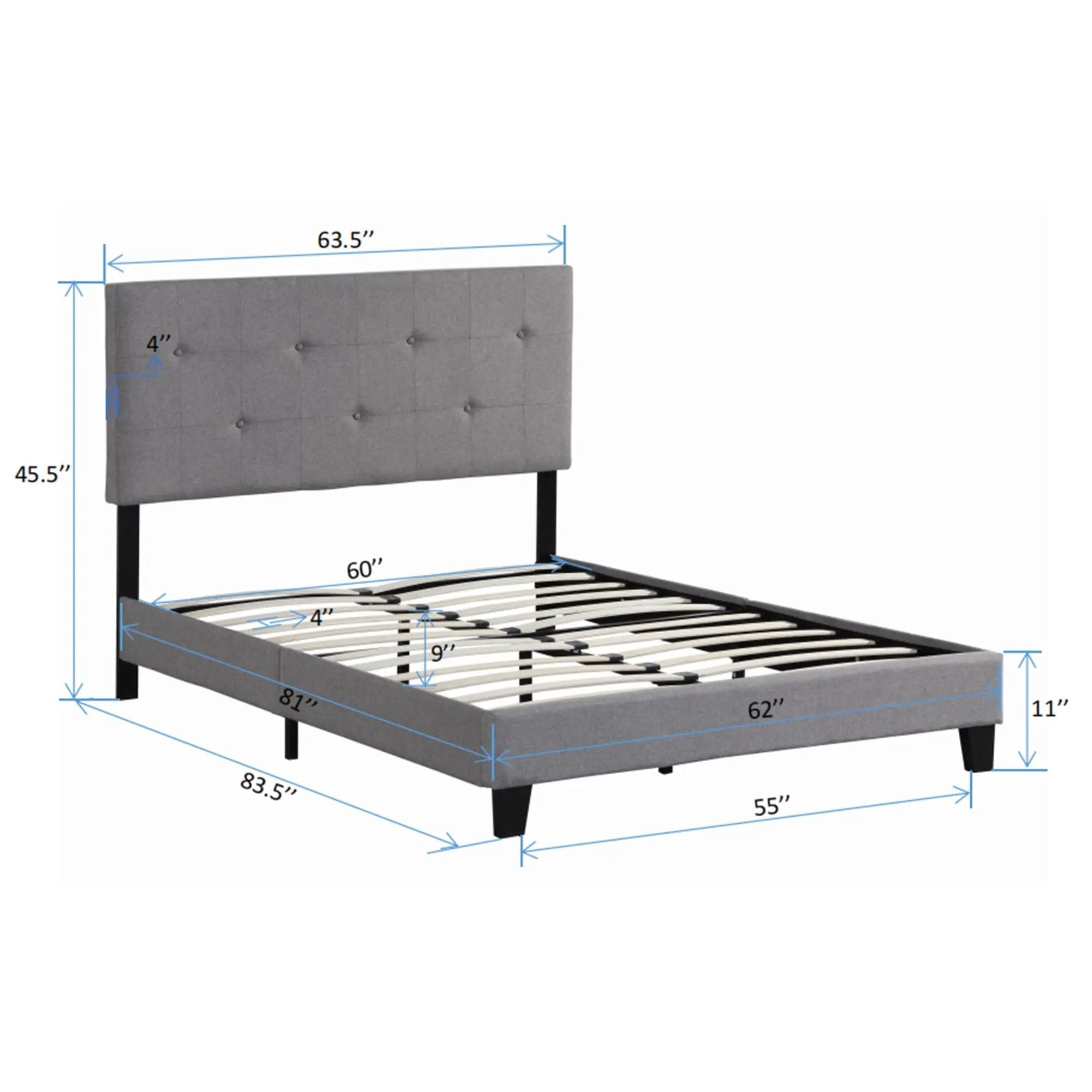 Queen Size Upholstered Platform Bed Frame With Button Tufted Linen Headboard, No Box Spring Needed, Wood Slat Support - Gray by Unique Piece Furniture