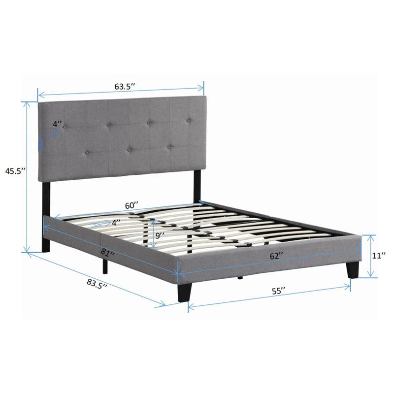 Queen Size Upholstered Platform Bed Frame With Button Tufted Linen Headboard, No Box Spring Needed, Wood Slat Support - Gray by Unique Piece Furniture