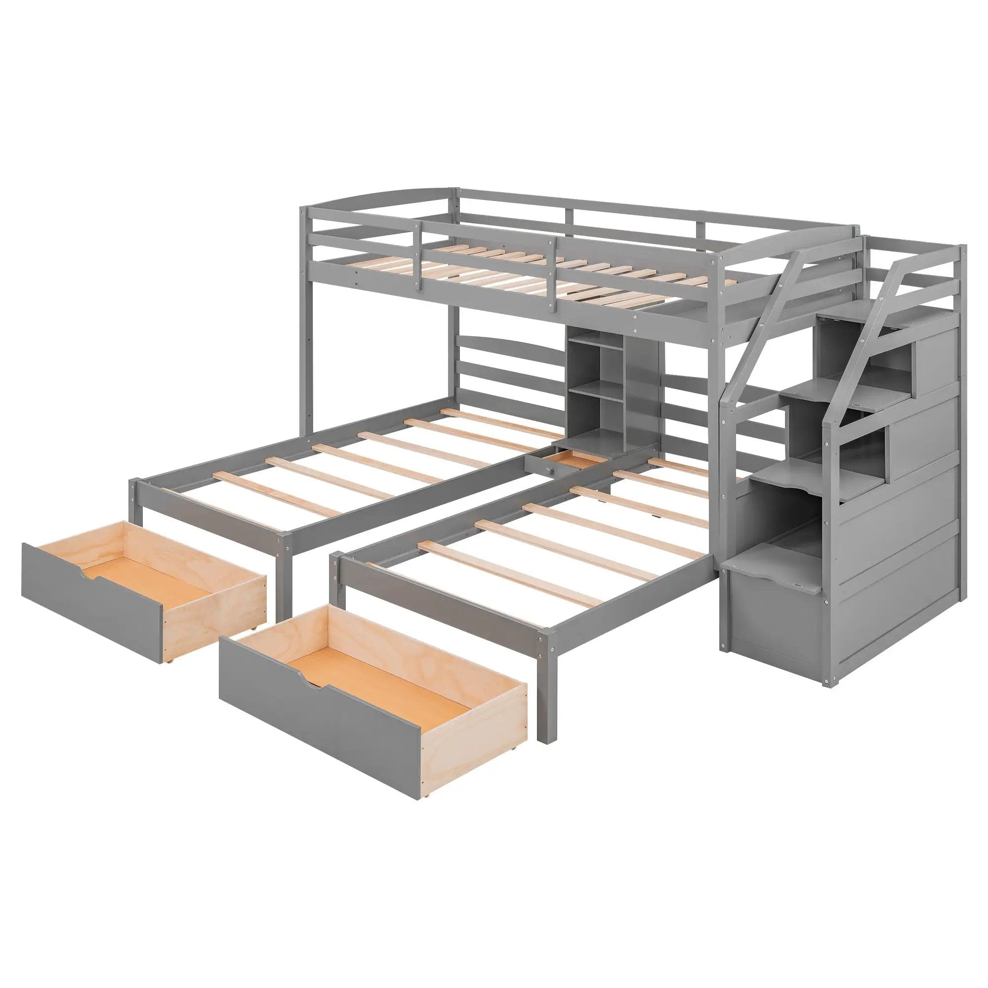 Twin Over Twin & Twin Bunk Bed With Drawers, Staircase Storage, Built In Shelves - Gray by Unique Piece Furniture