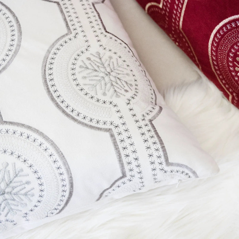 White Holiday Embroidered Velvet Throw Pillow with Insert 20x20 Set of 2 by HouseOfZazla
