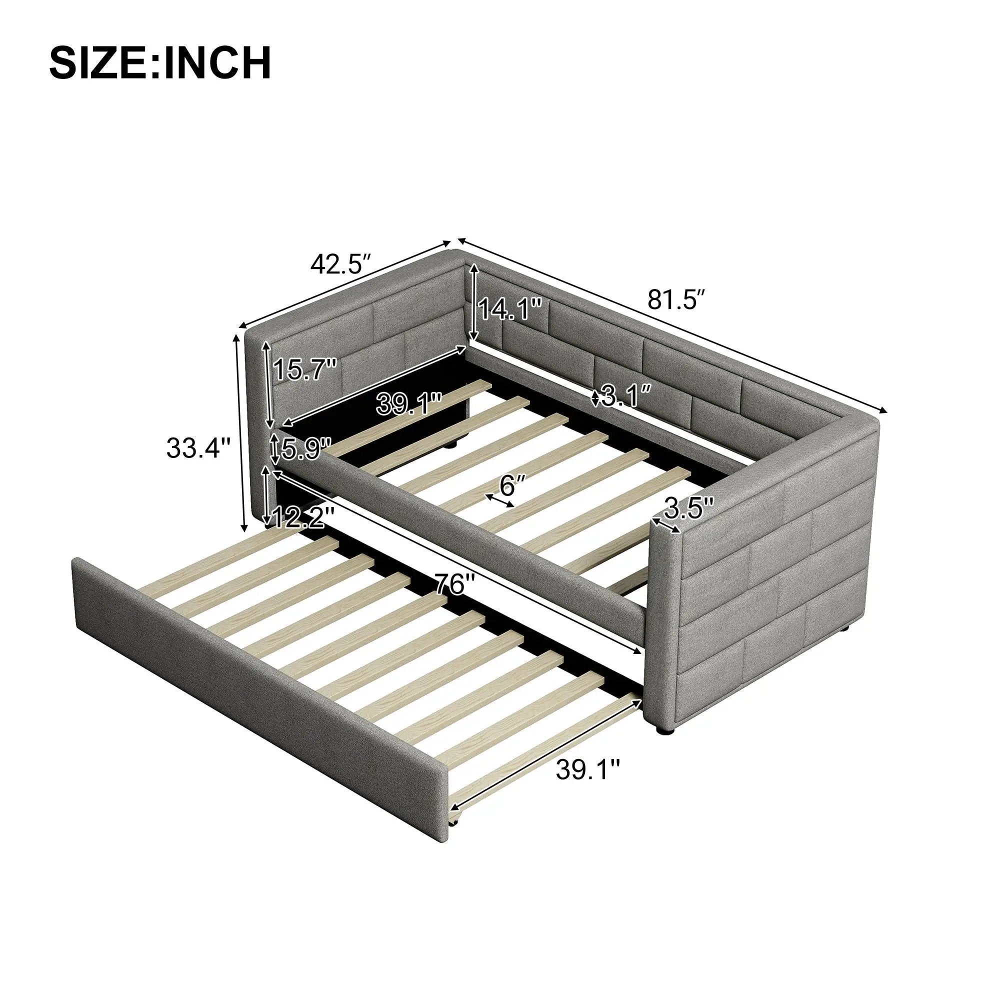 Upholstered Twin Size Daybed With Trundle, Padded Back And Sides - Gray by Unique Piece Furniture