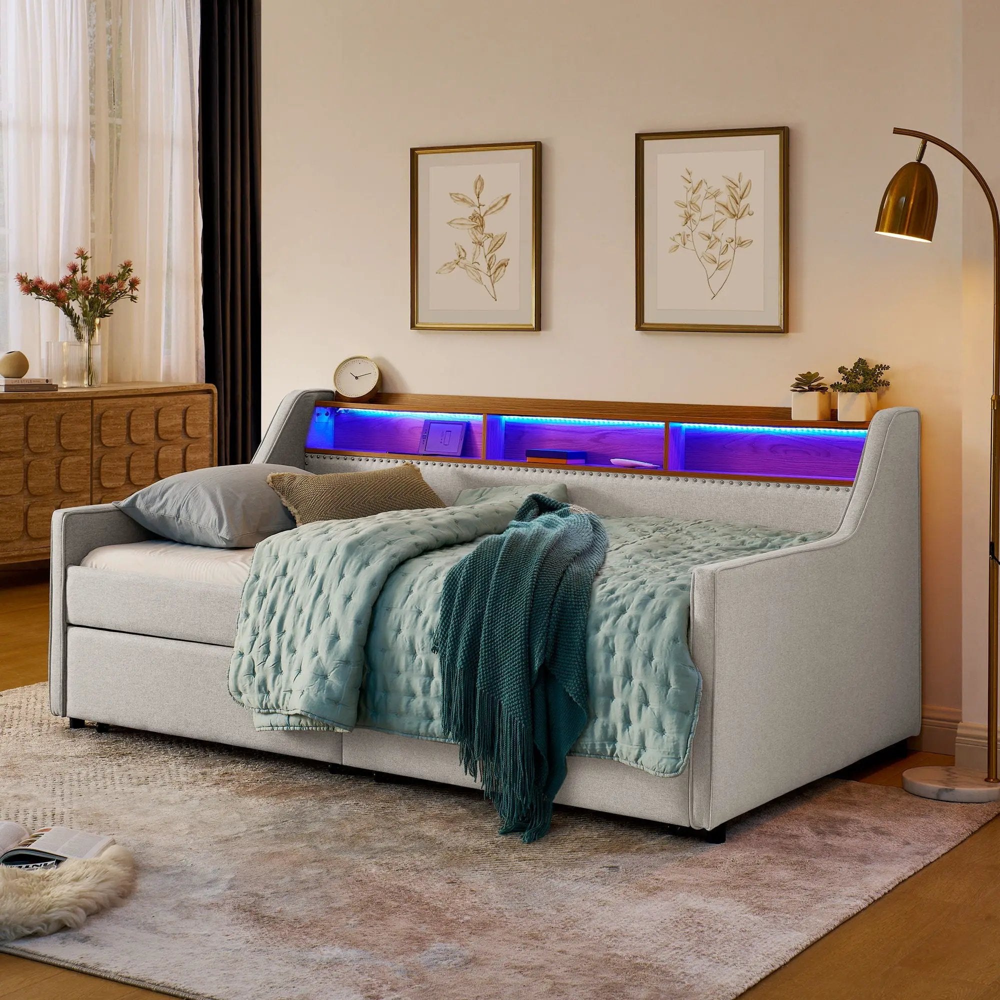 Twin Upholstered Sofa Bed With LED Lights, Storage Drawers, Adjustable Headboard & Wireless Charging - Beige by Unique Piece Furniture