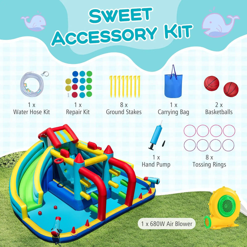 Inflatable Double Water Slide Park with Obstacle Course and 680W Blower by DirectDeals