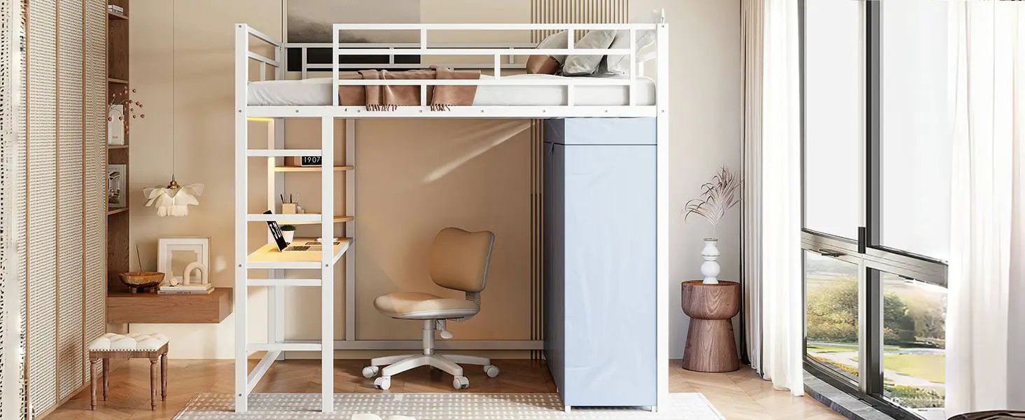 Loft Bed With Desk, Shelves, Power Outlet, LED Light And Wardrobe by HouseOfZazla