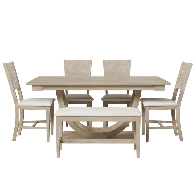 Topmax - 6 Piece Wood Half Round Dining Table Set Kitchen Table Set With Long Bench And 4 Dining Chairs, Modern Style by HouseOfZazla