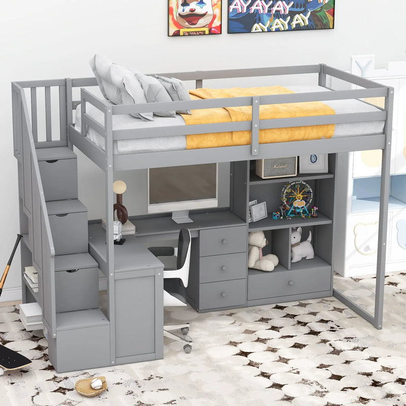 Loft Bed With L Shaped Desk, Drawers, Cabinet, And Storage Staircase by Unique Piece Furniture