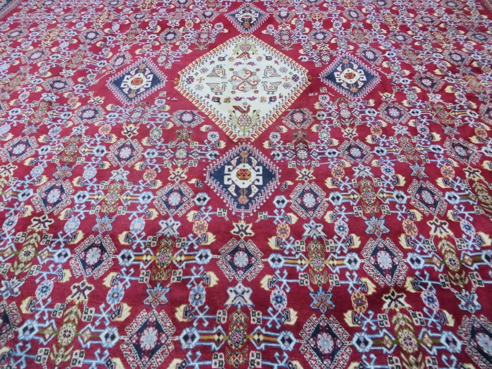 Oversized Persian Shiraz Tribal Rug 13x19, Palace Sized Oriental Carpet, Handmade Hand-Knotted X Large Rug, Red Blue Cream, Allover Herati Pattern by Jewel Rugs