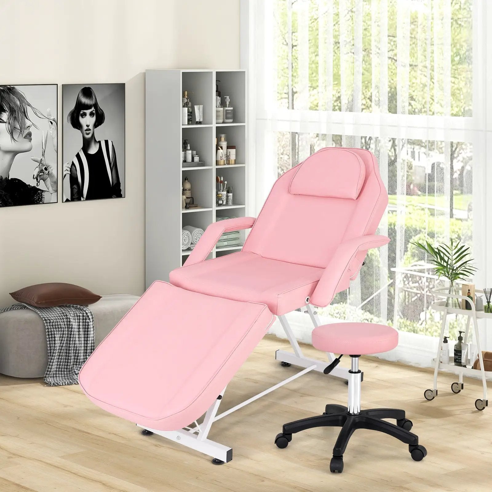 73 Inch Facial Chair Set with Removable Headrest Detachable Armrests and Towel Rack-Pink by DirectDeals