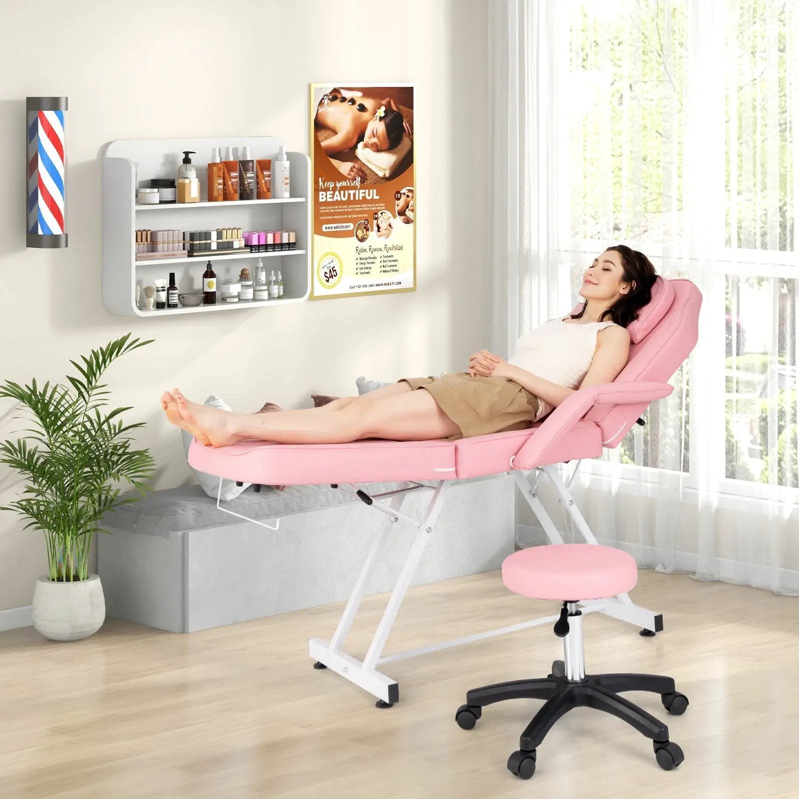 73 Inch Facial Chair Set with Removable Headrest Detachable Armrests and Towel Rack-Pink by DirectDeals
