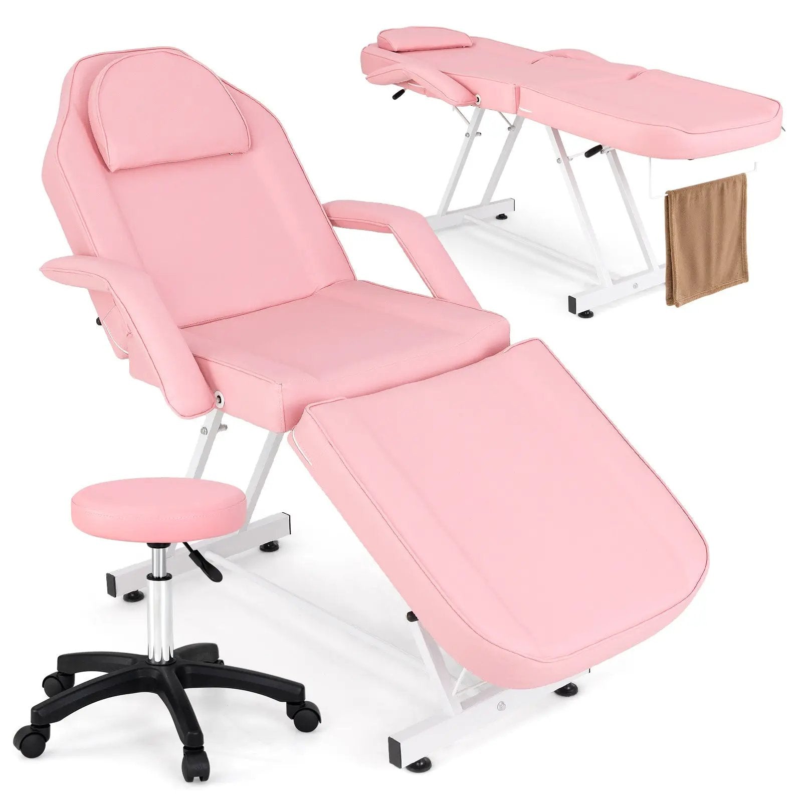 73 Inch Facial Chair Set with Removable Headrest Detachable Armrests and Towel Rack-Pink by DirectDeals