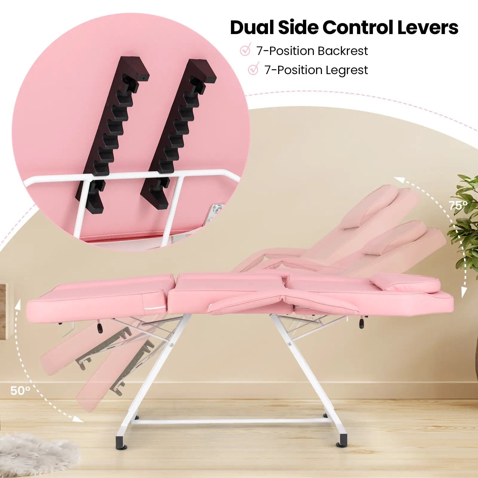 73 Inch Facial Chair Set with Removable Headrest Detachable Armrests and Towel Rack-Pink by DirectDeals
