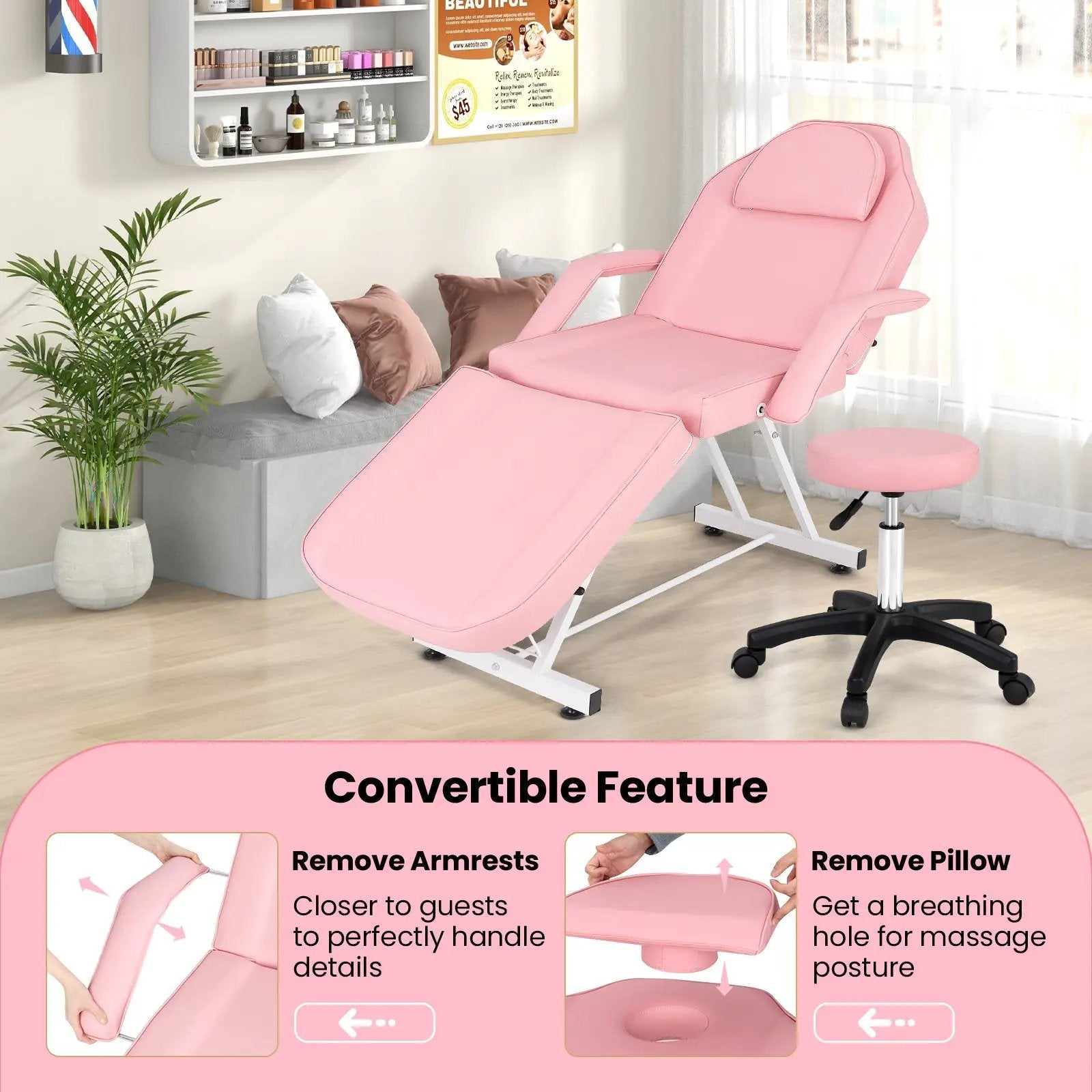 73 Inch Facial Chair Set with Removable Headrest Detachable Armrests and Towel Rack-Pink by DirectDeals