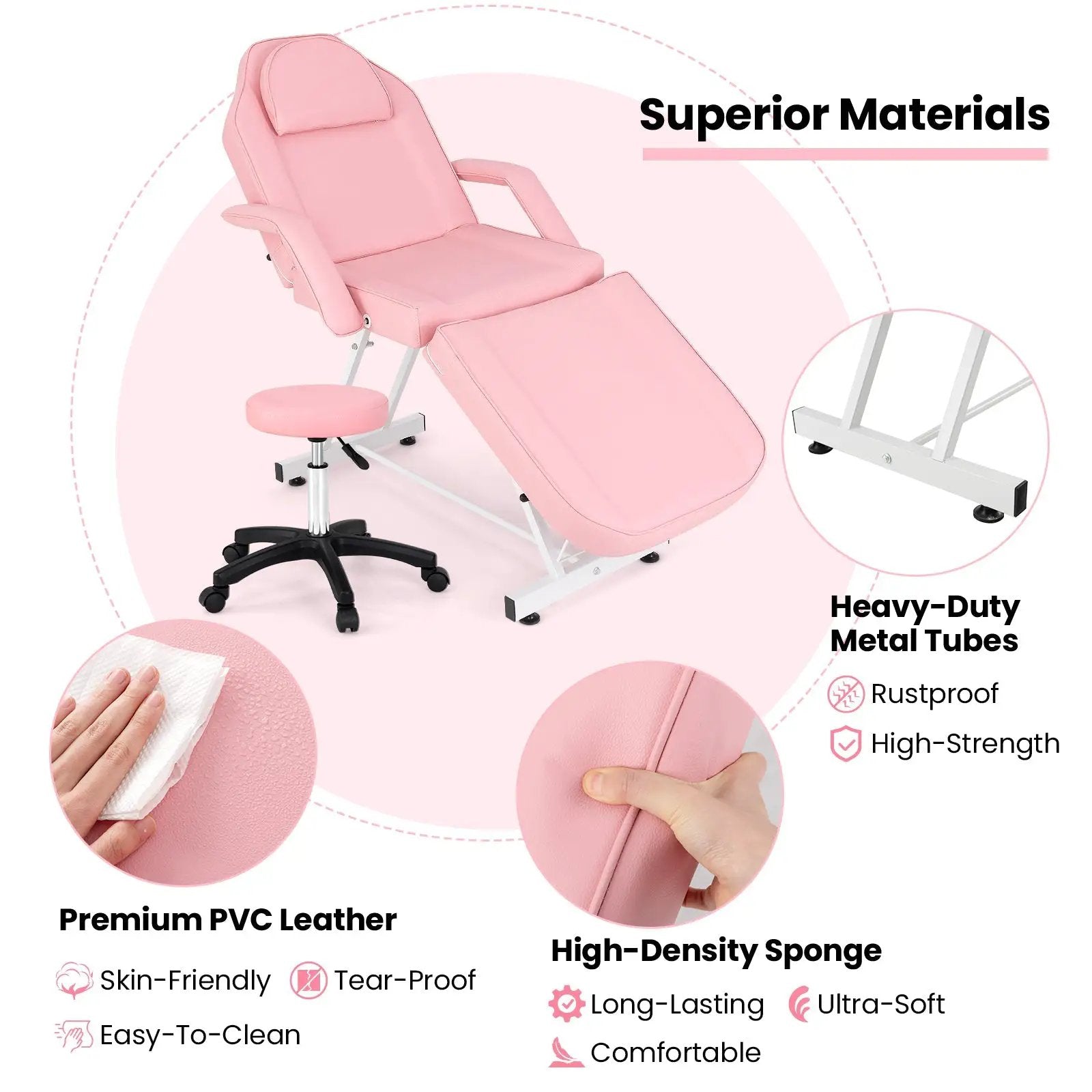 73 Inch Facial Chair Set with Removable Headrest Detachable Armrests and Towel Rack-Pink by DirectDeals